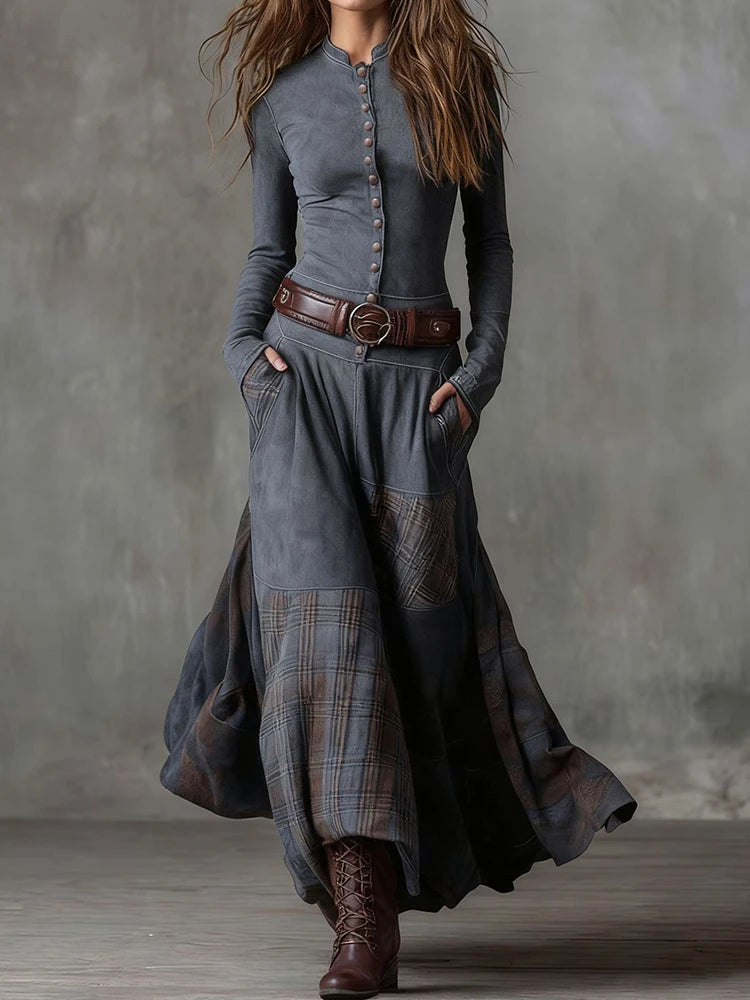 Patchwork Stand-Collar Maxi dress