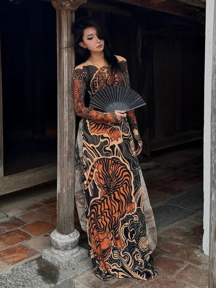 Tiger Print Sheer Long Sleeve Top