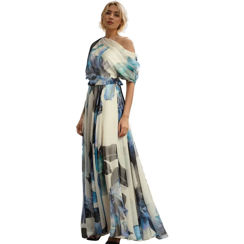 Lace Up Short Sleeve Printed Slim Fit Maxi Dress