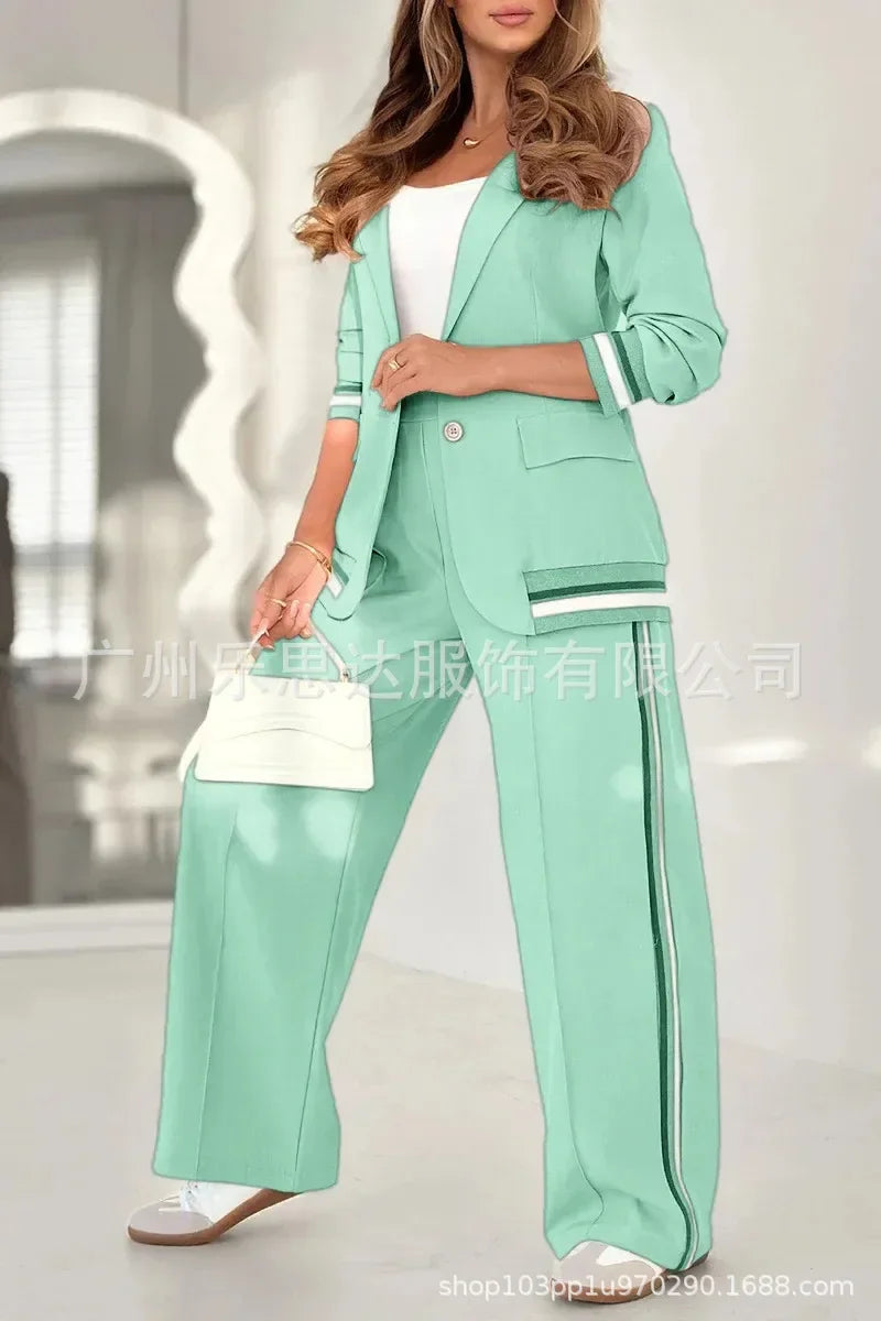 Women Suit Jacket 2 Piece Sets Striped