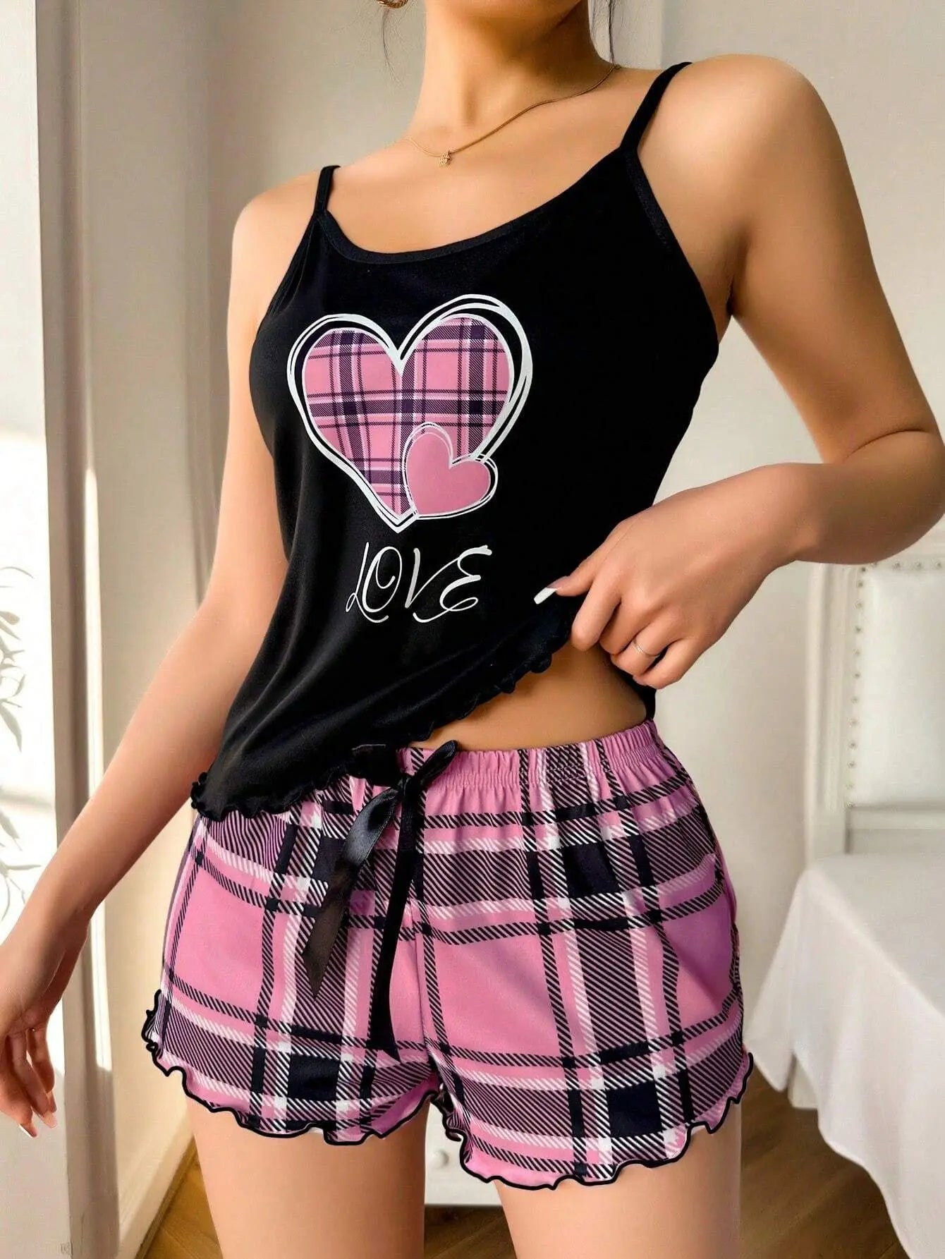 Plaid Heart Cami &Shorts Pajama Set
