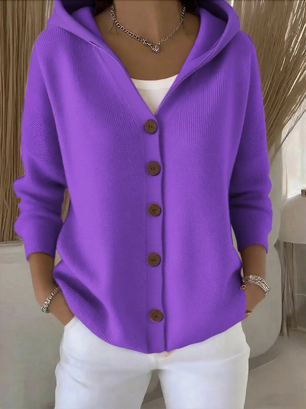 Solid Color Button Knit Hooded Sweater