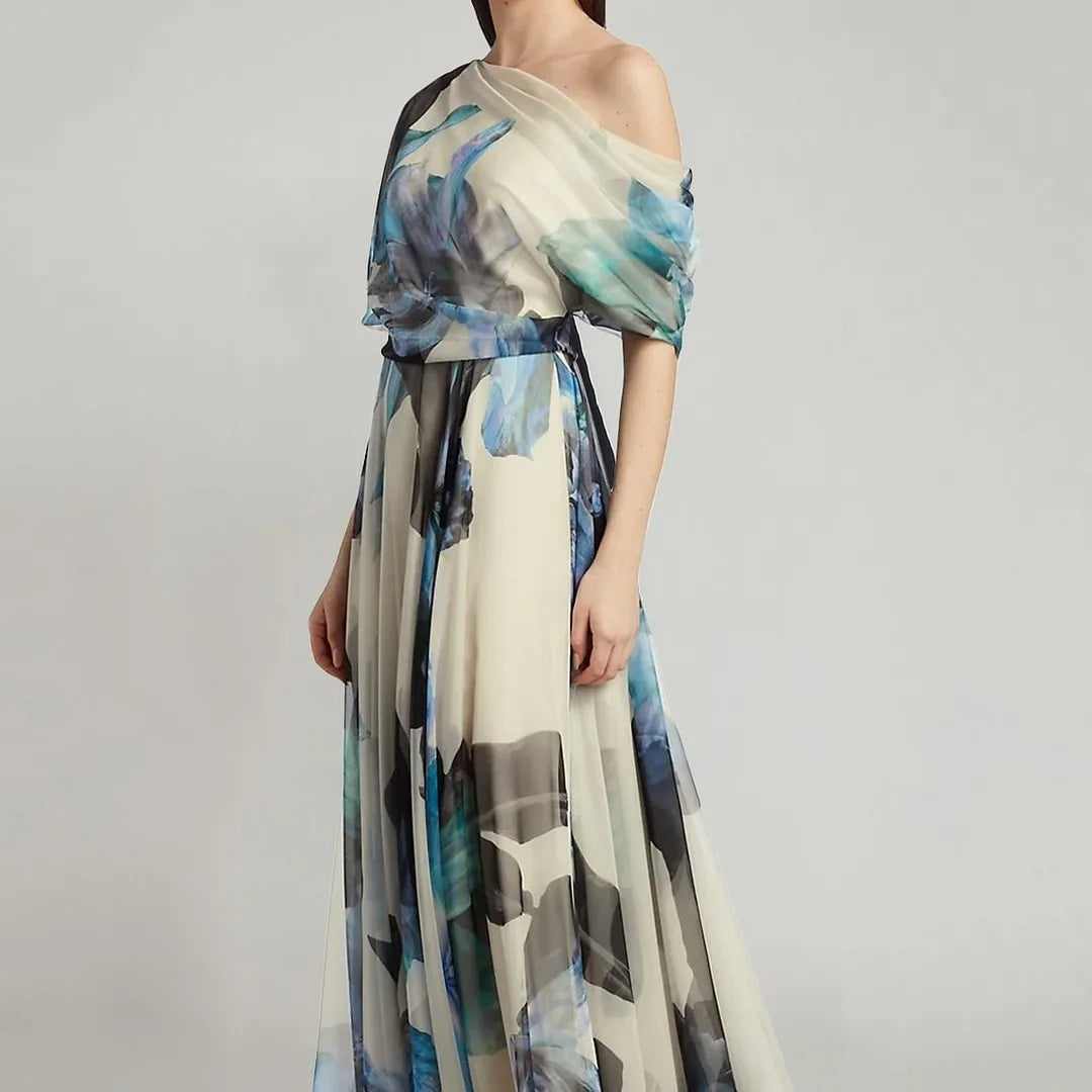 Lace Up Short Sleeve Printed Slim Fit Maxi Dress