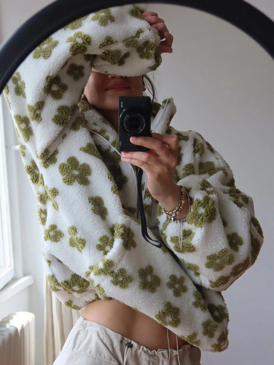 Polar Fleece Flower Blossoms Sweater Collar Zipper Top