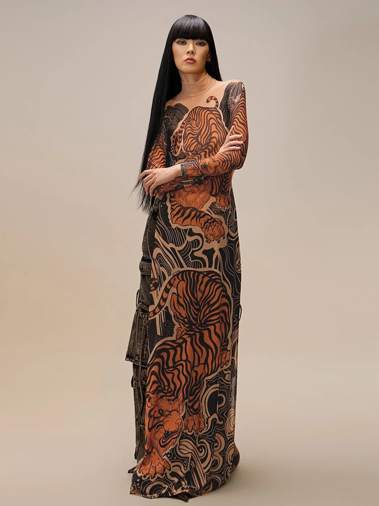 Tiger Print Sheer Long Sleeve Top