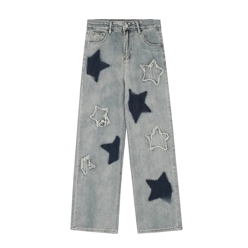 Vintage Star Embroidery Casual Denim Trousers