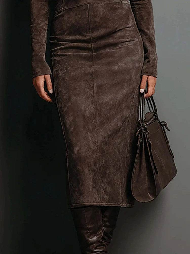 Suede Turtleneck Maxi Dress