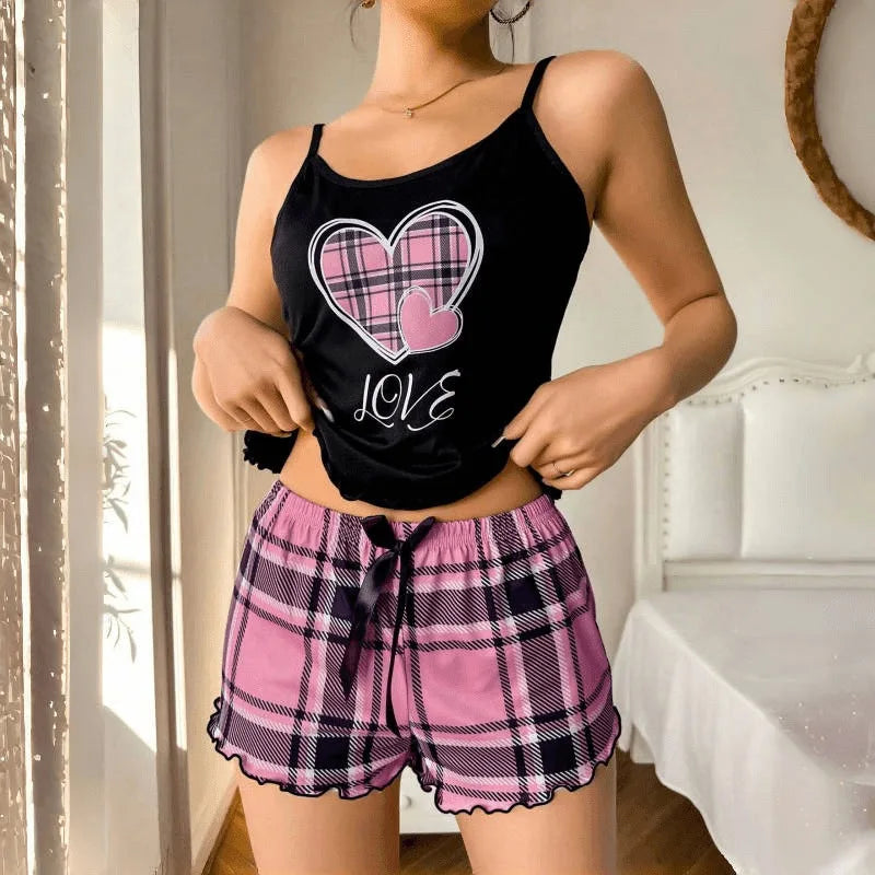 Plaid Heart Cami &Shorts Pajama Set