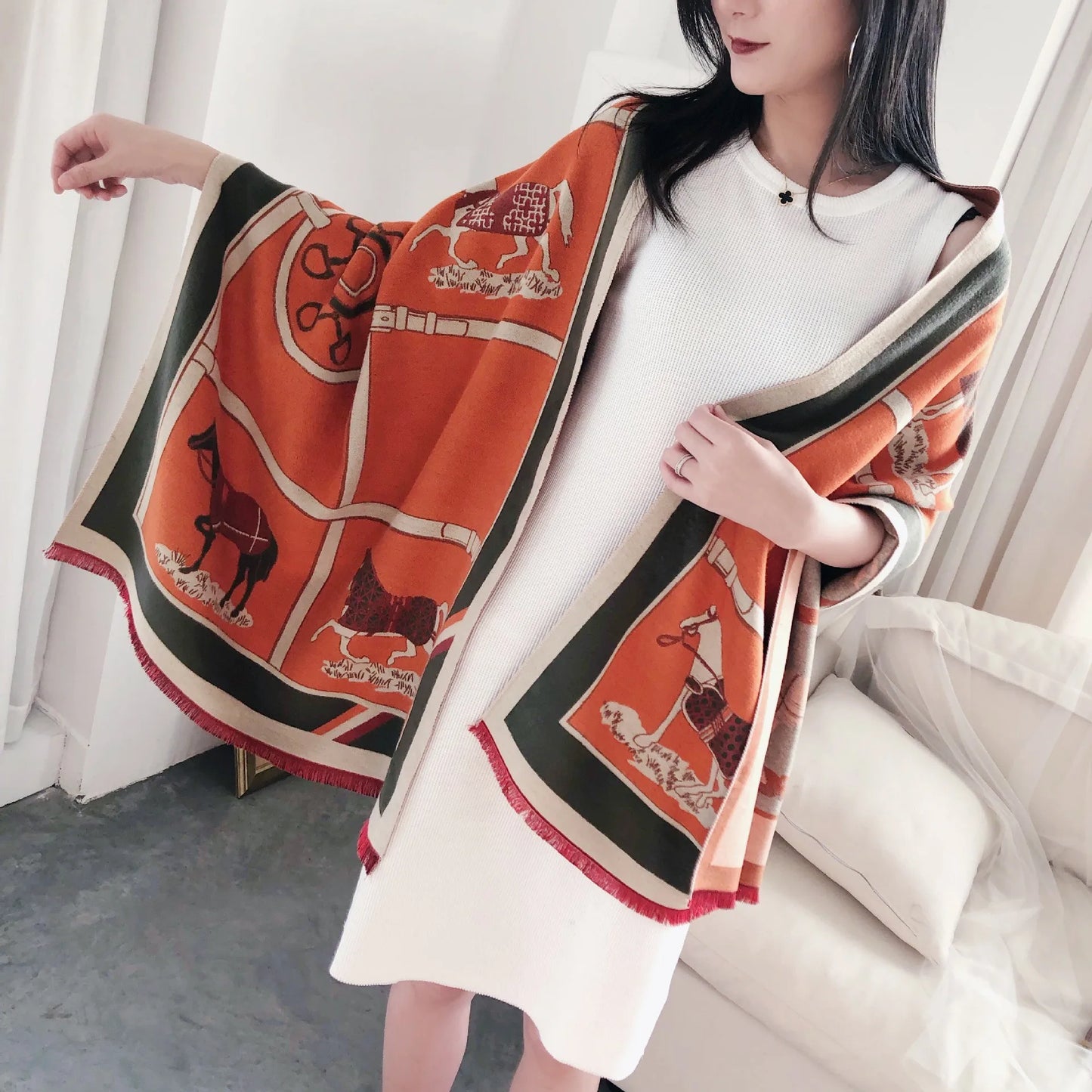 Cashmere Scarf Women Luxury Horse Print
