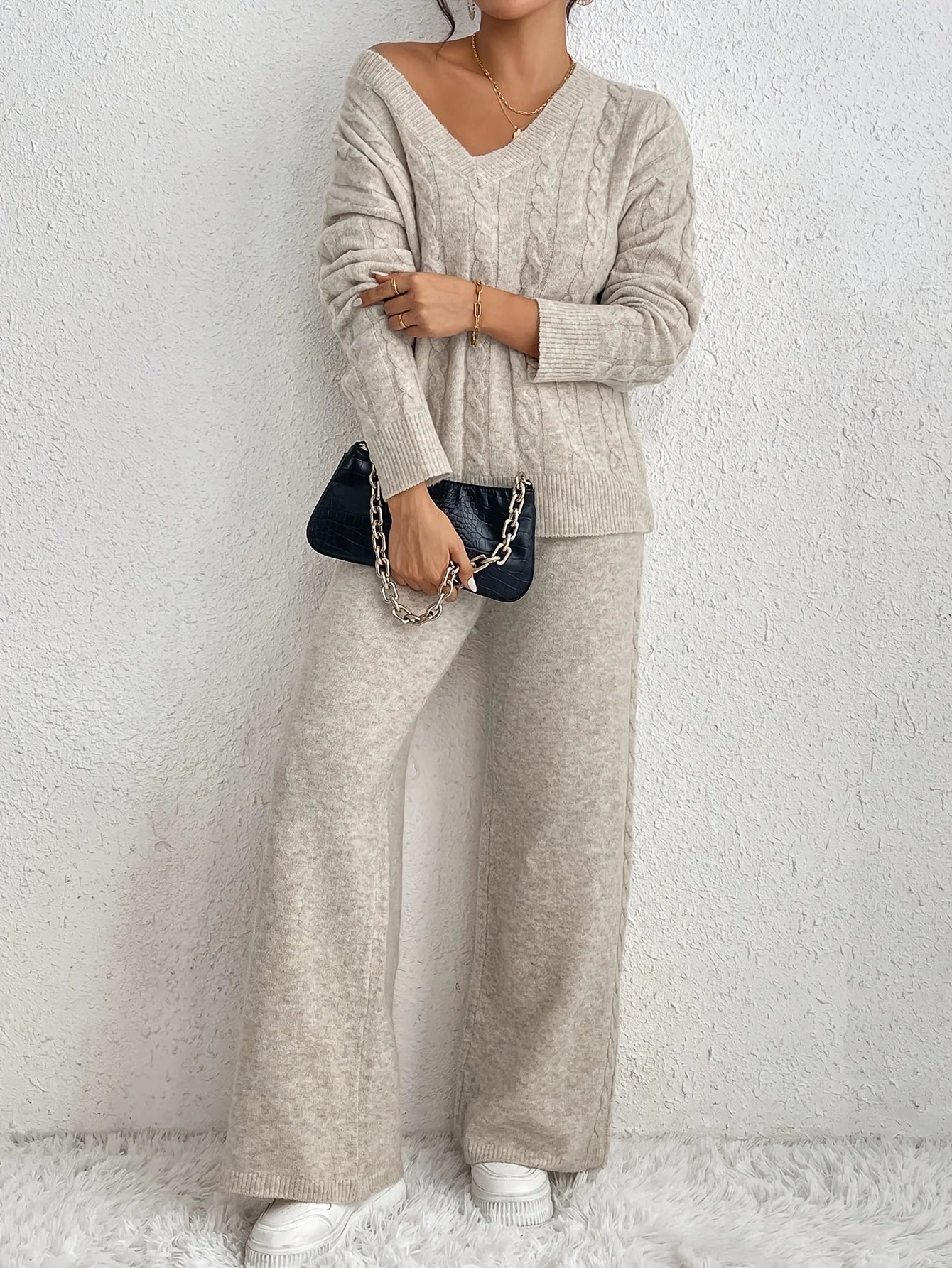 Solid Color V-Neck Long Sleeve Sweater Set