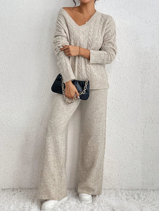 Solid Color V-Neck Long Sleeve Sweater Set
