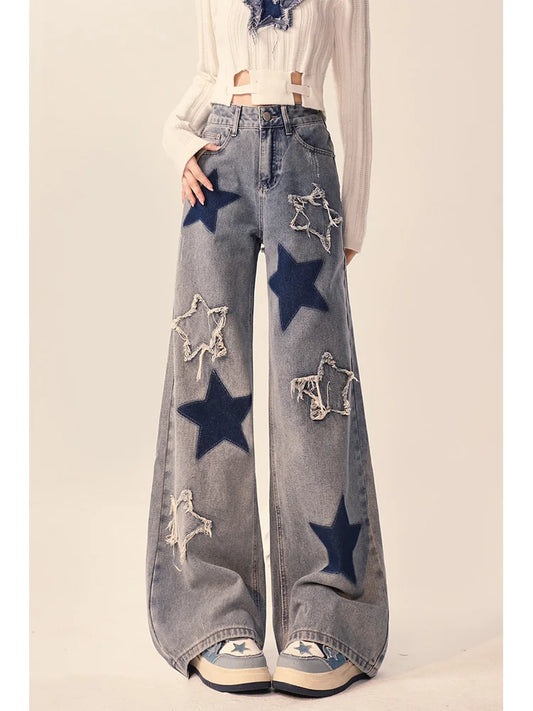 Vintage Star Embroidery Casual Denim Trousers