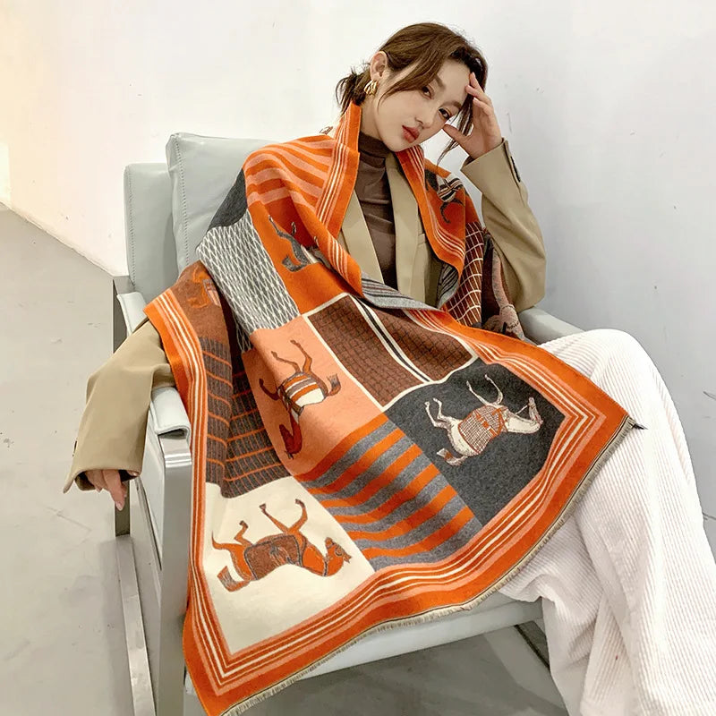 Cashmere Scarf Women Luxury Horse Print