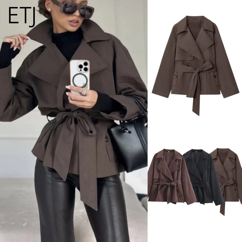 Women's British style lapel double-breasted Maillard color belt coat