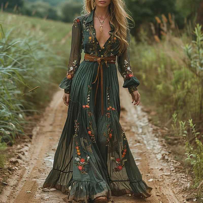 Ethnic Retro Floral Print Pleated Maxi Dress