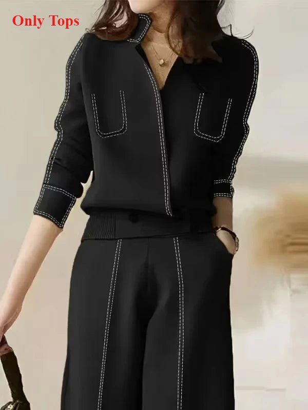 Long Sleeve Split-Joint V-Neck Cardigan Top & High Waist Loose Casual Pant