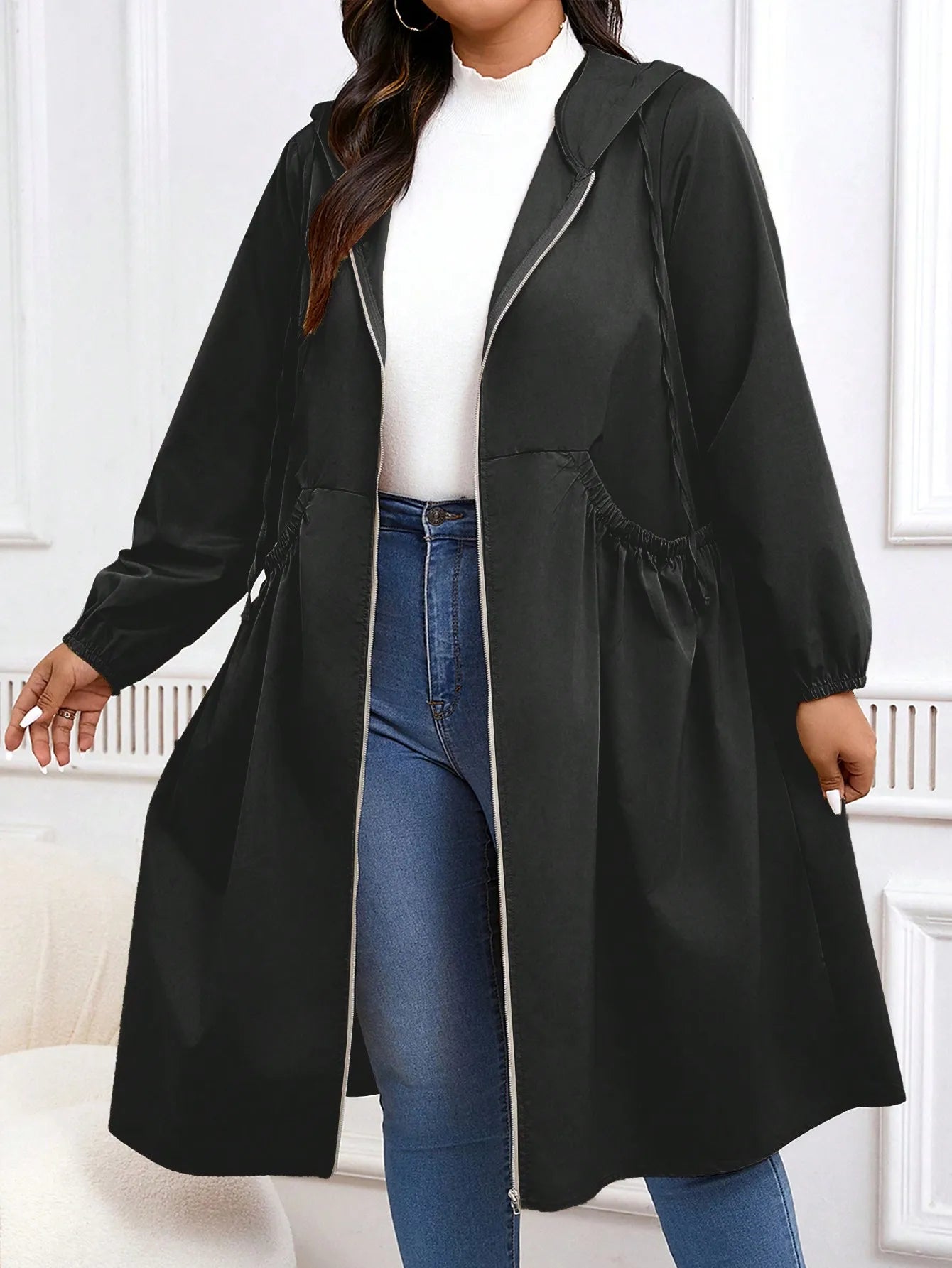Plus Size Solid Drawstring Zip Up Hooded Coat