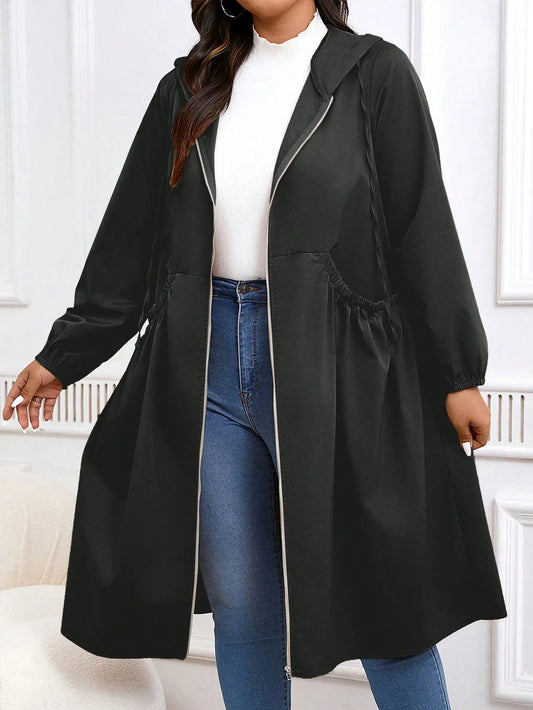 Plus Size Solid Drawstring Zip Up Hooded Coat