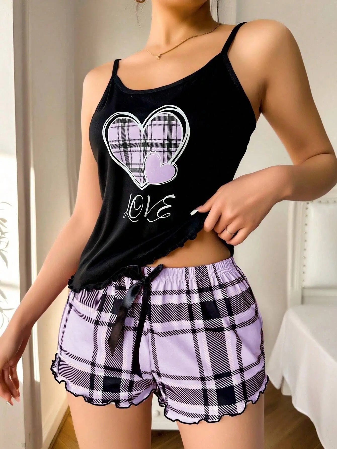 Plaid Heart Cami &Shorts Pajama Set