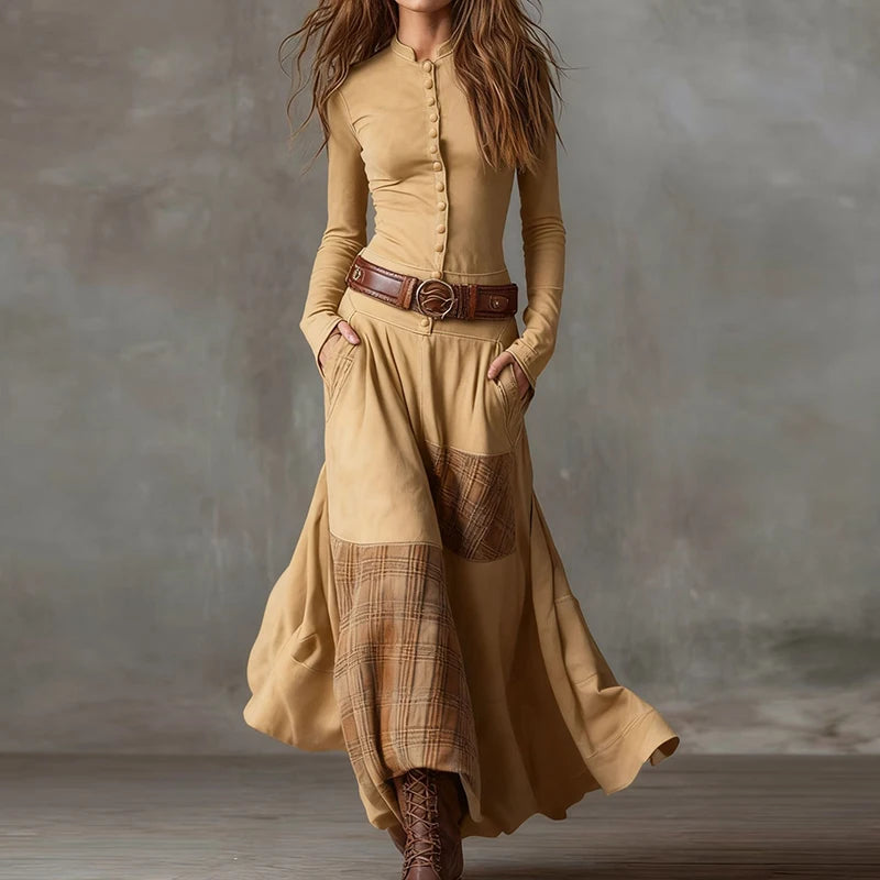 Patchwork Stand-Collar Maxi dress