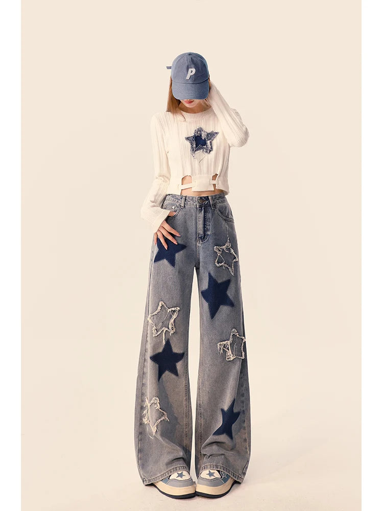 Vintage Star Embroidery Casual Denim Trousers