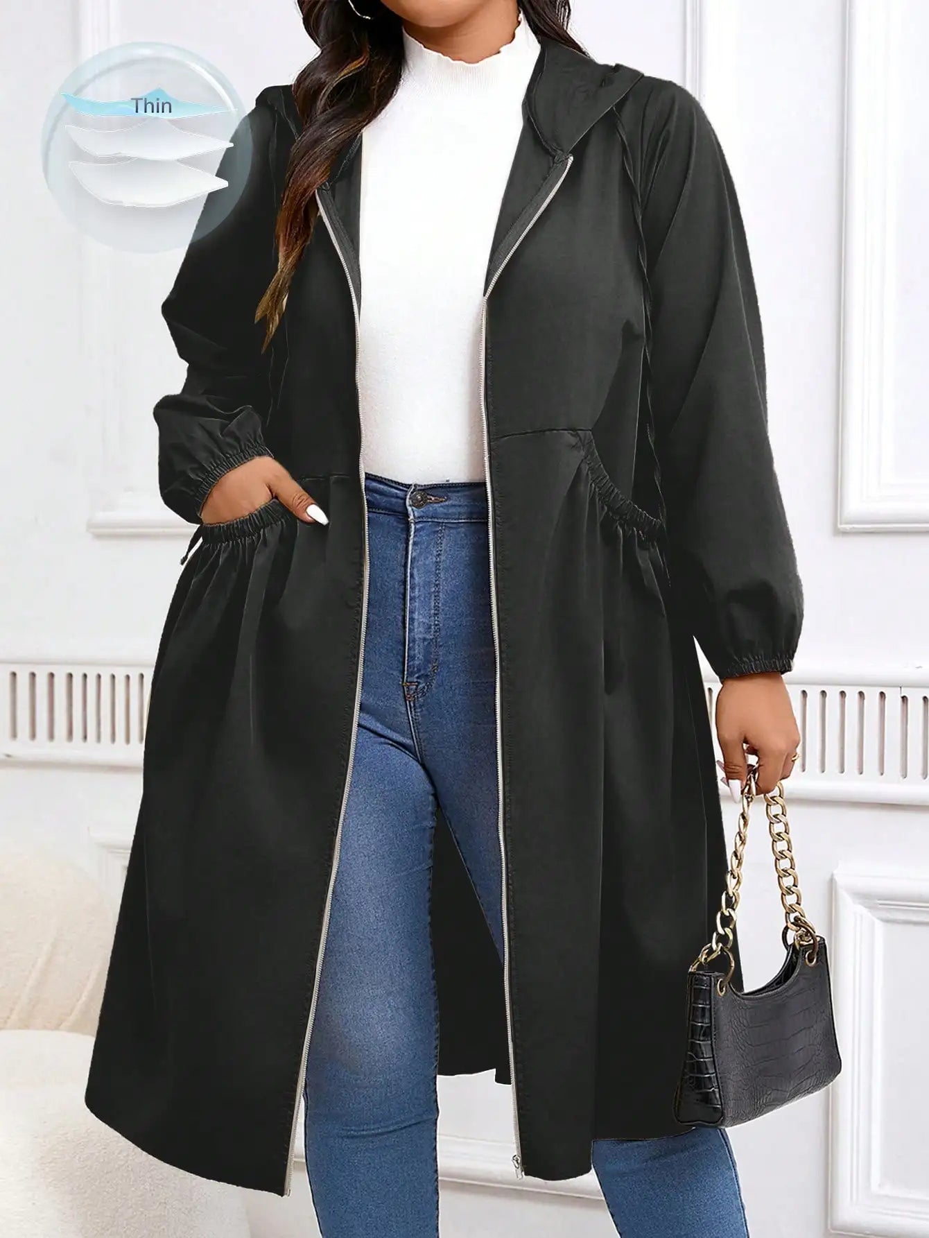Plus Size Solid Drawstring Zip Up Hooded Coat