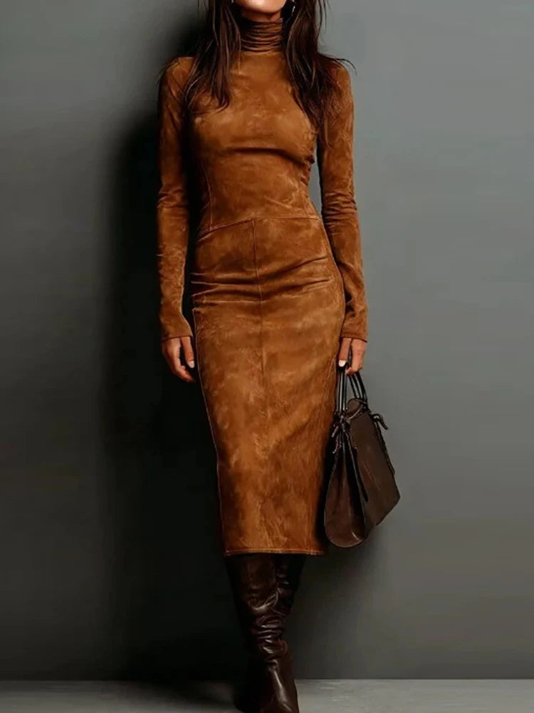Suede Turtleneck Maxi Dress