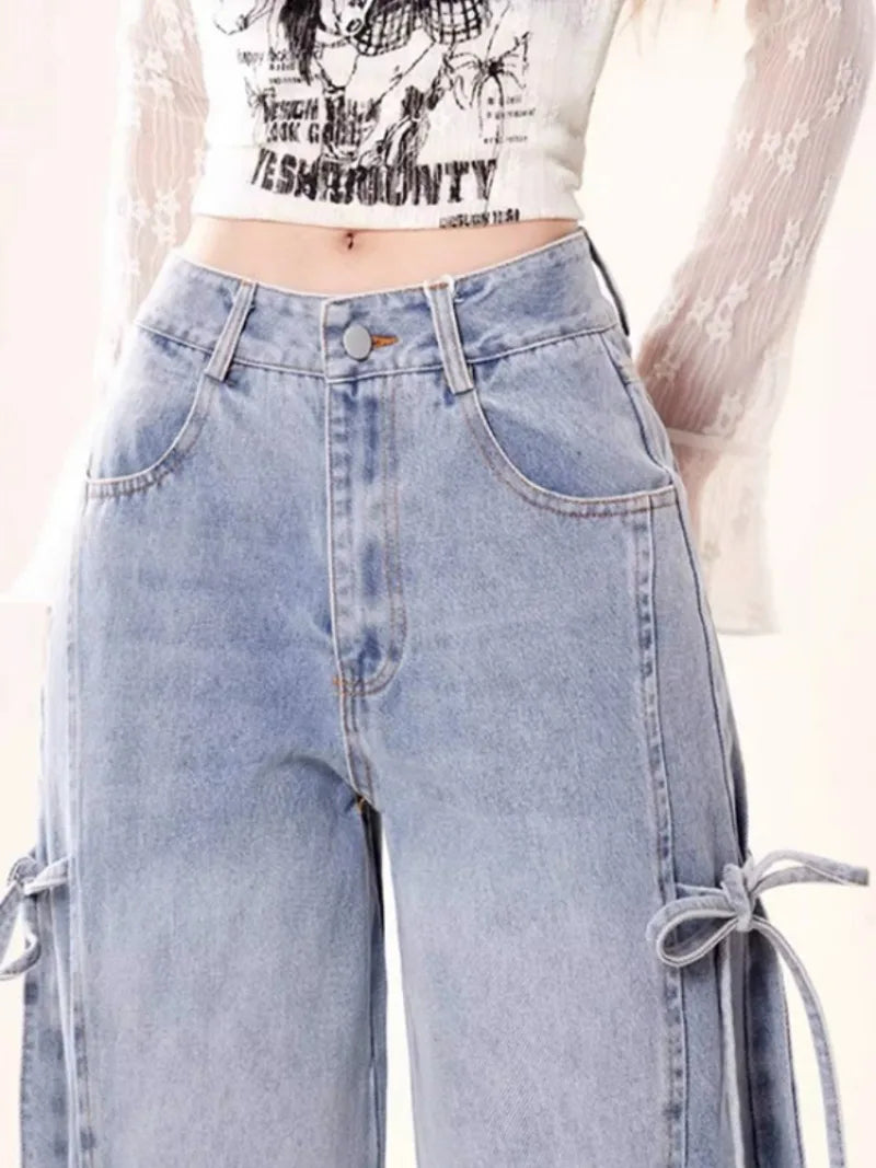 Jeans Women Vintage Bow Design Baggy Wide Leg
