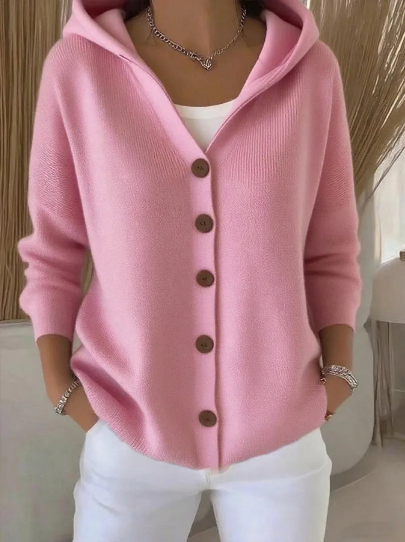 Solid Color Button Knit Hooded Sweater