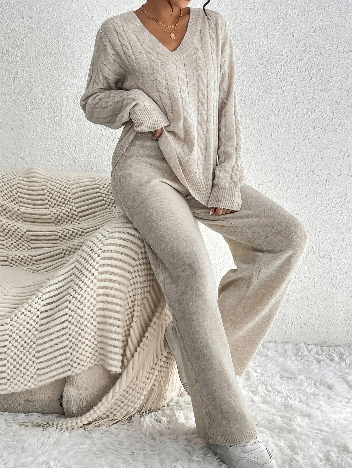 Solid Color V-Neck Long Sleeve Sweater Set