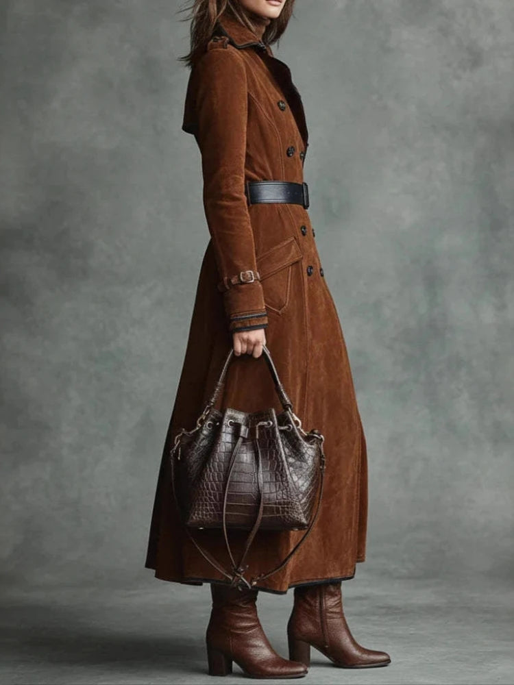 Chic Faux Suede Long Trench Coat