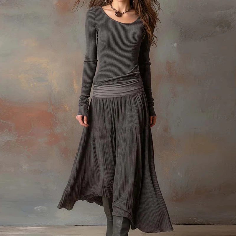 Patchwork Long Sleeve Maxi Dress