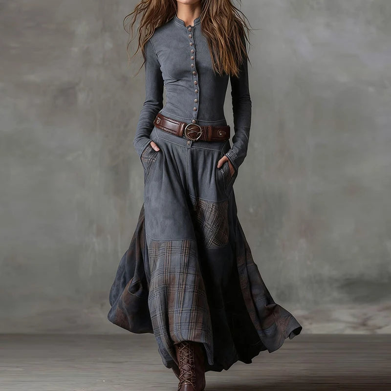 Patchwork Stand-Collar Maxi dress