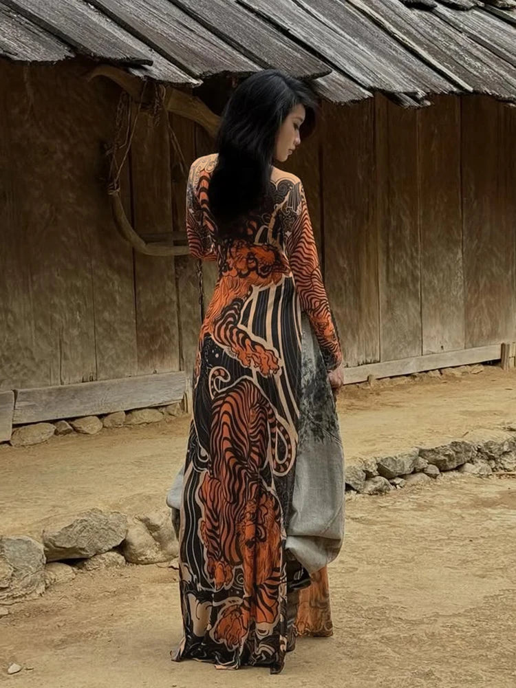 Tiger Print Sheer Long Sleeve Top