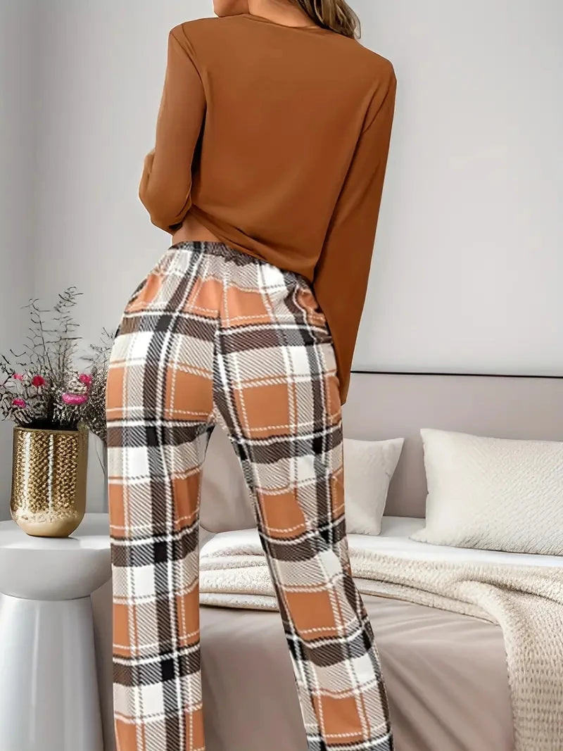 Women Pajamas Set Bear Print Top Long Sleeve Round Neck Plaid Pants