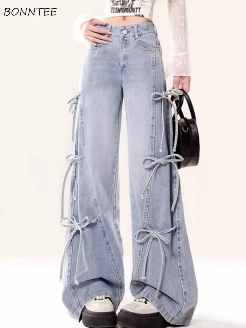 Jeans Women Vintage Bow Design Baggy Wide Leg