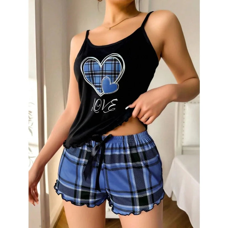 Plaid Heart Cami &Shorts Pajama Set