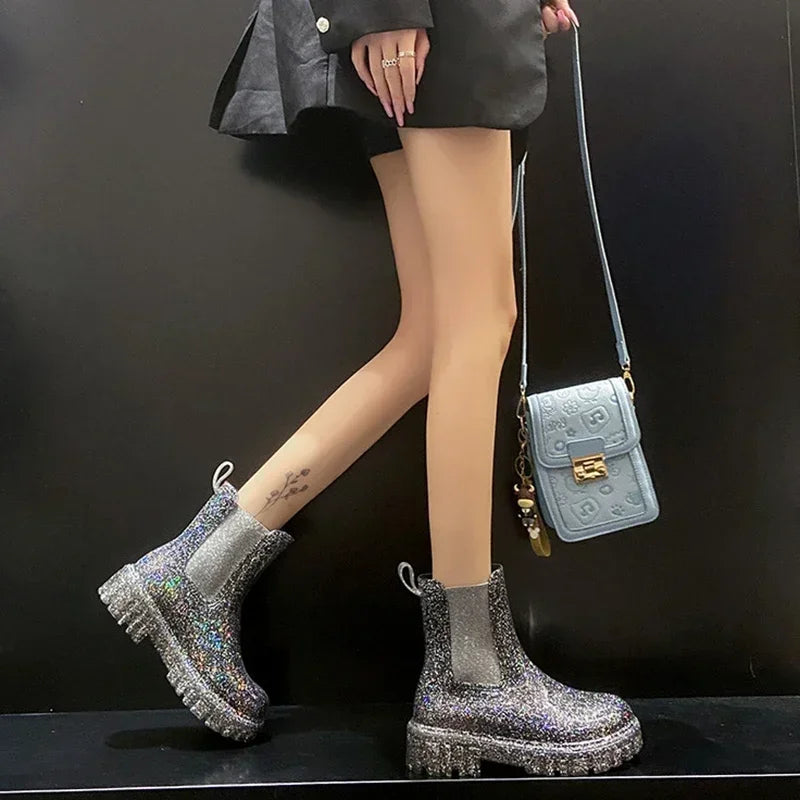New Women's Shiny Color Rain Boots Four Seasons