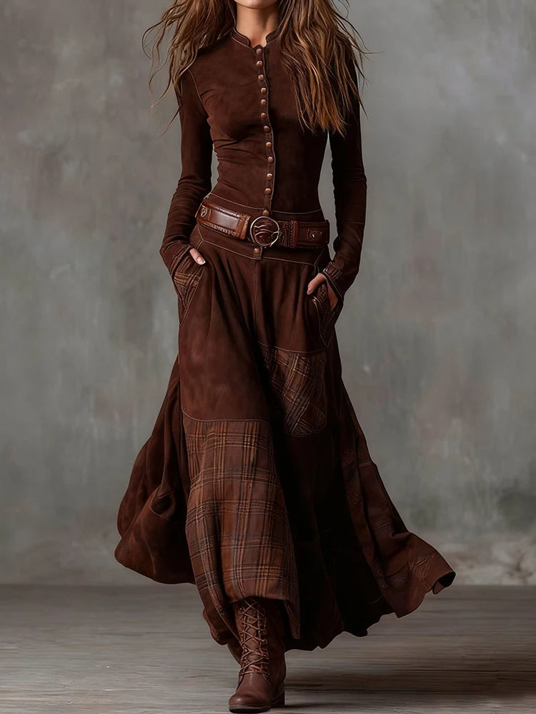 Patchwork Stand-Collar Maxi dress