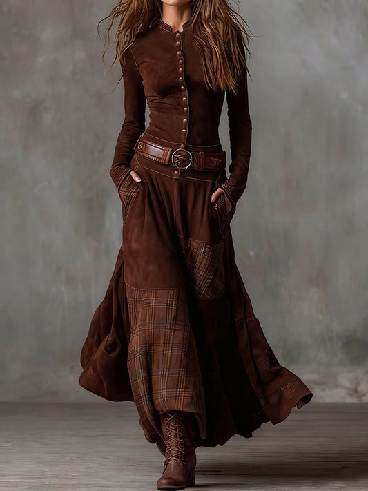 Patchwork Stand-Collar Maxi dress