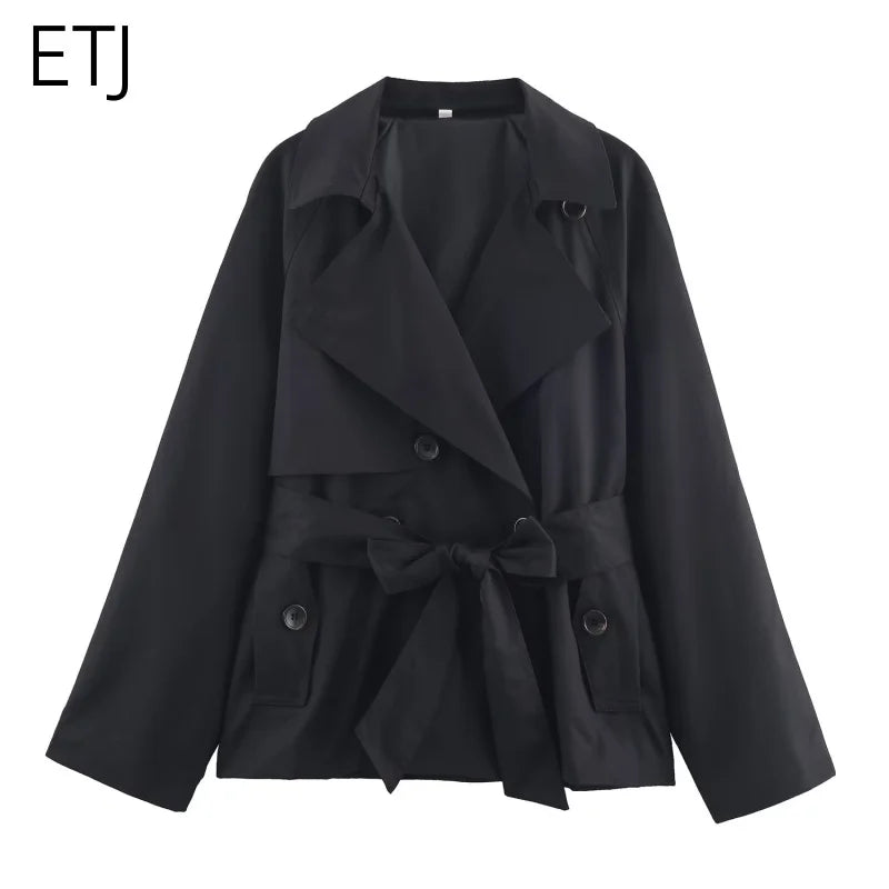 Women's British style lapel double-breasted Maillard color belt coat