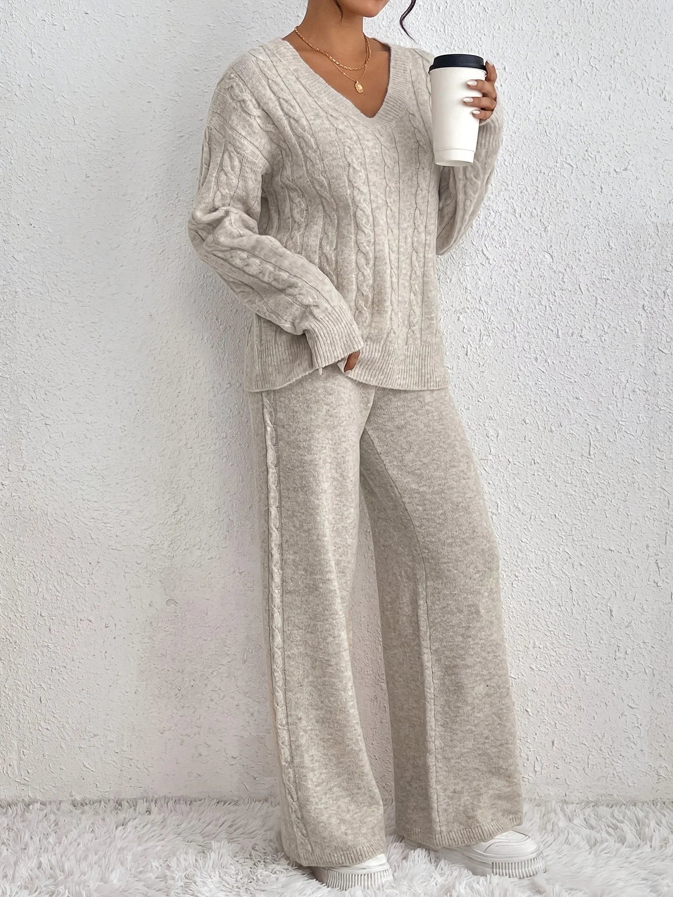 Solid Color V-Neck Long Sleeve Sweater Set