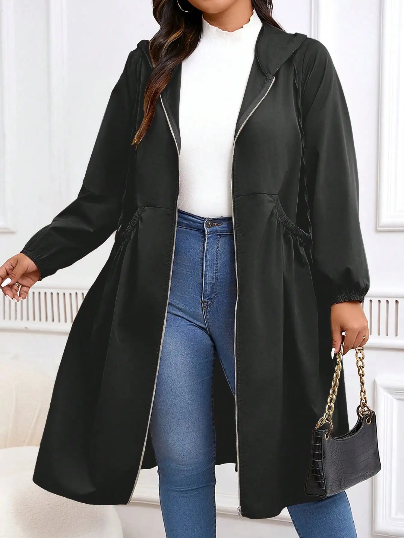 Plus Size Solid Drawstring Zip Up Hooded Coat
