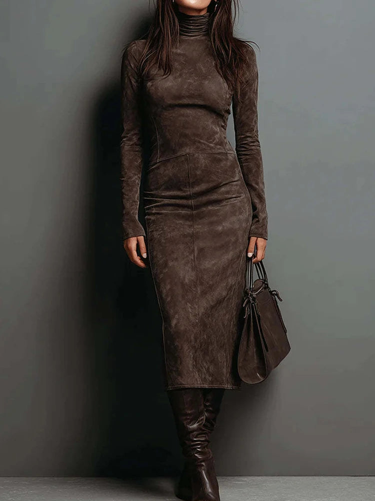 Suede Turtleneck Maxi Dress