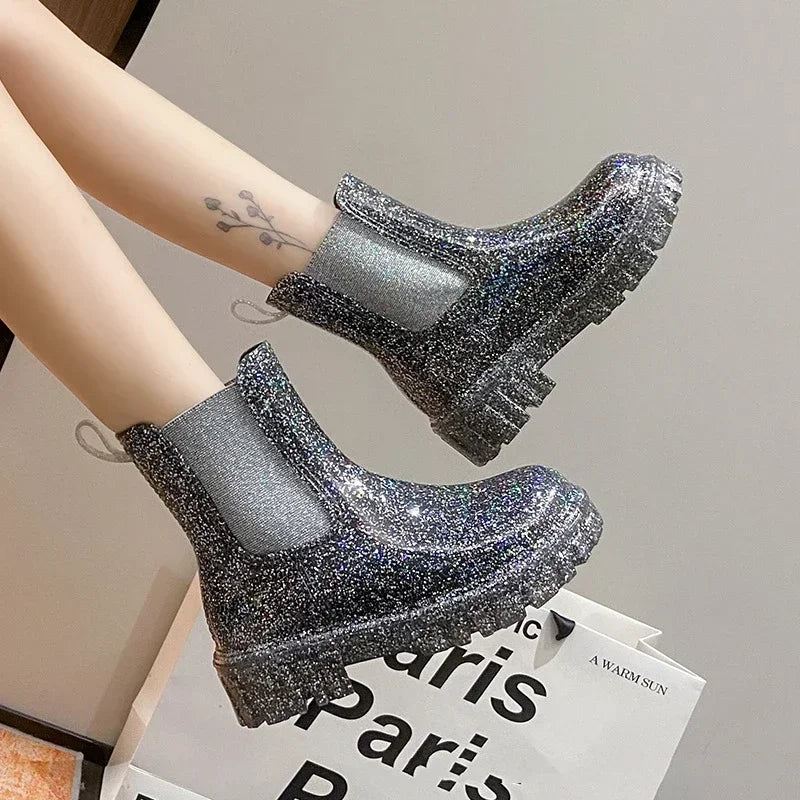 New Women's Shiny Color Rain Boots Four Seasons