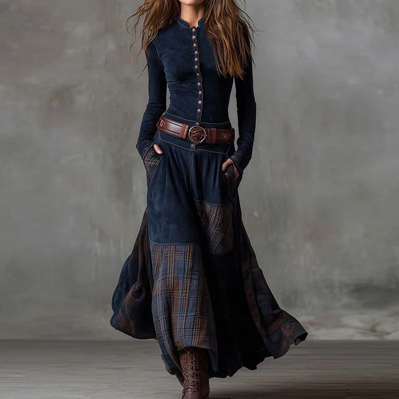 Patchwork Stand-Collar Maxi dress