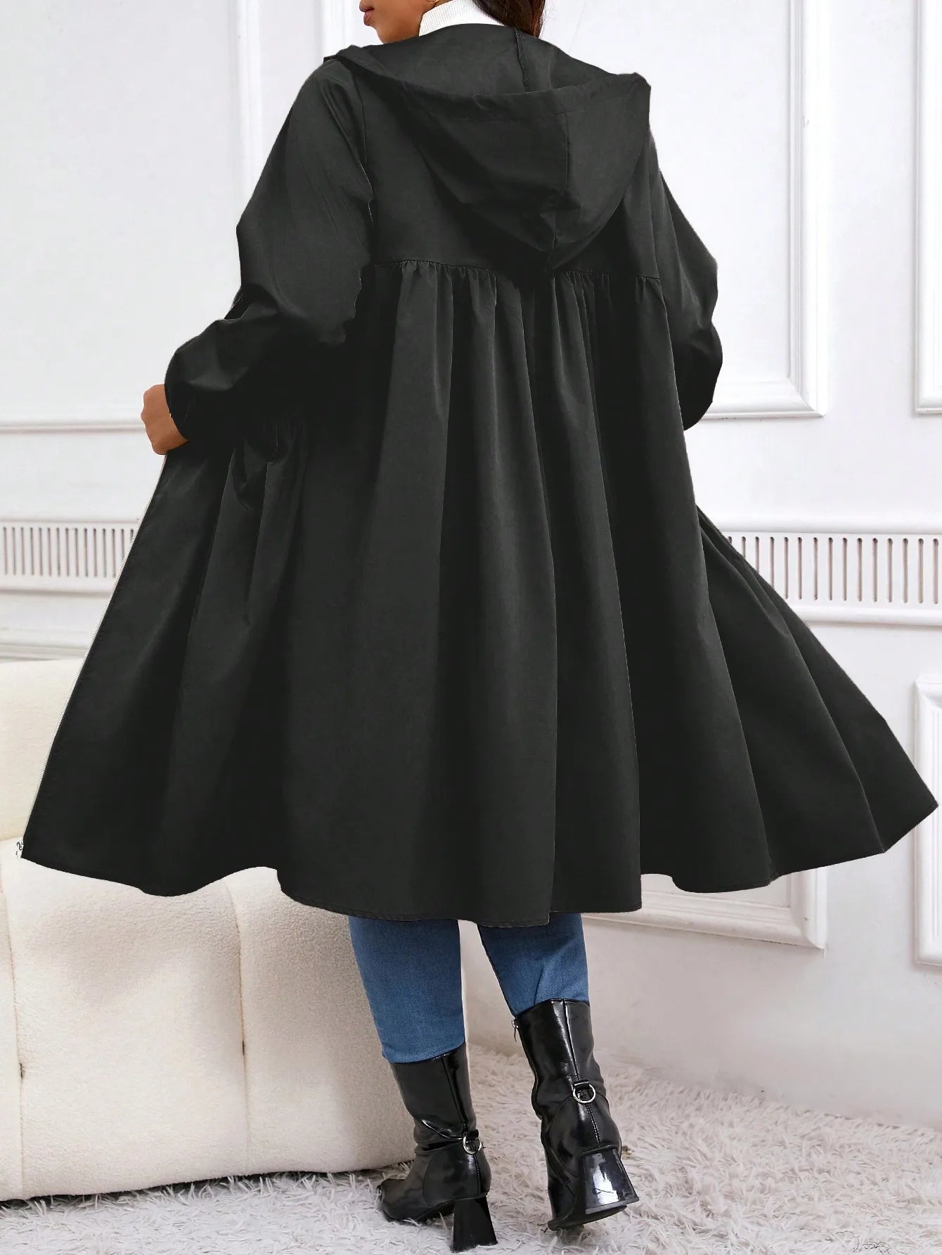 Plus Size Solid Drawstring Zip Up Hooded Coat