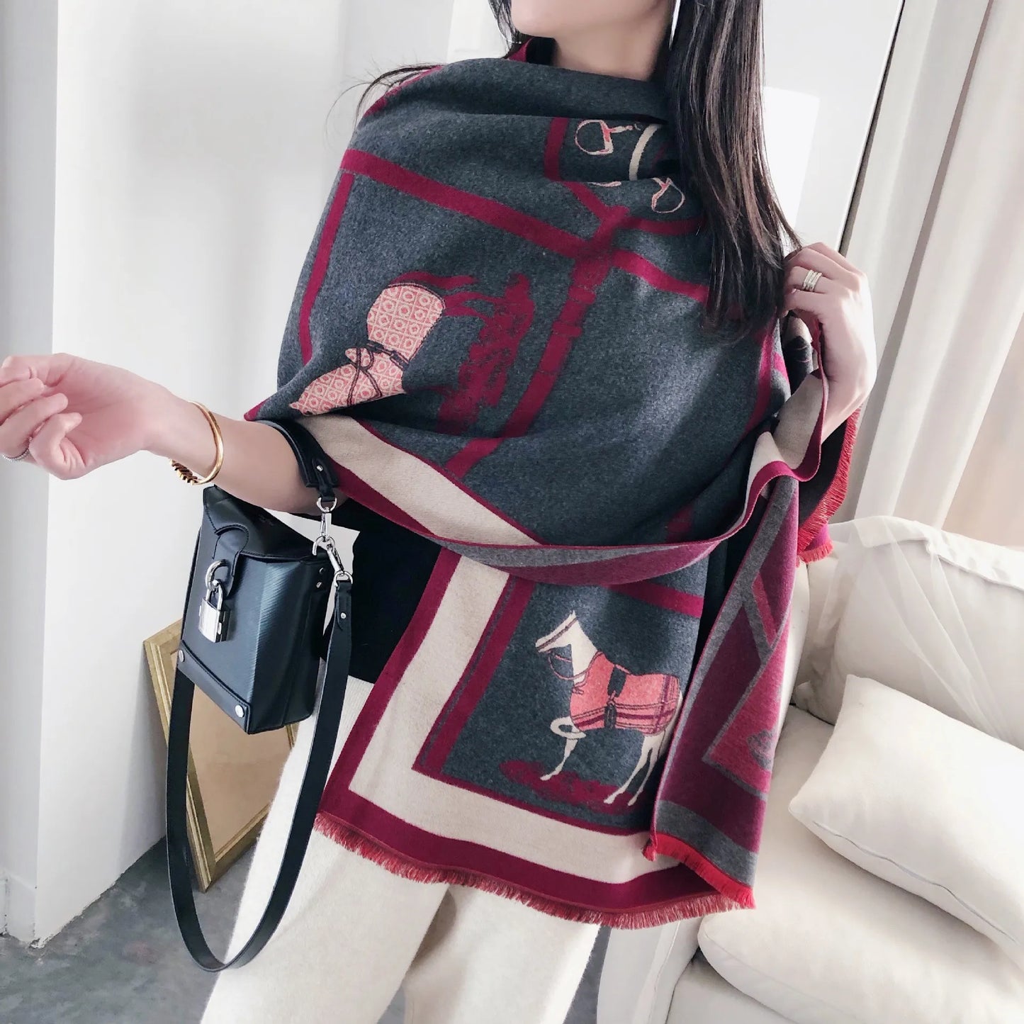 Cashmere Scarf Women Luxury Horse Print