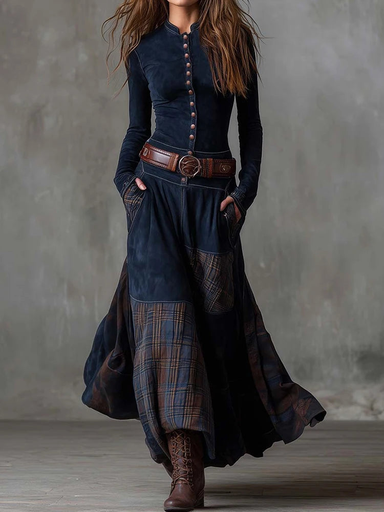 Patchwork Stand-Collar Maxi dress