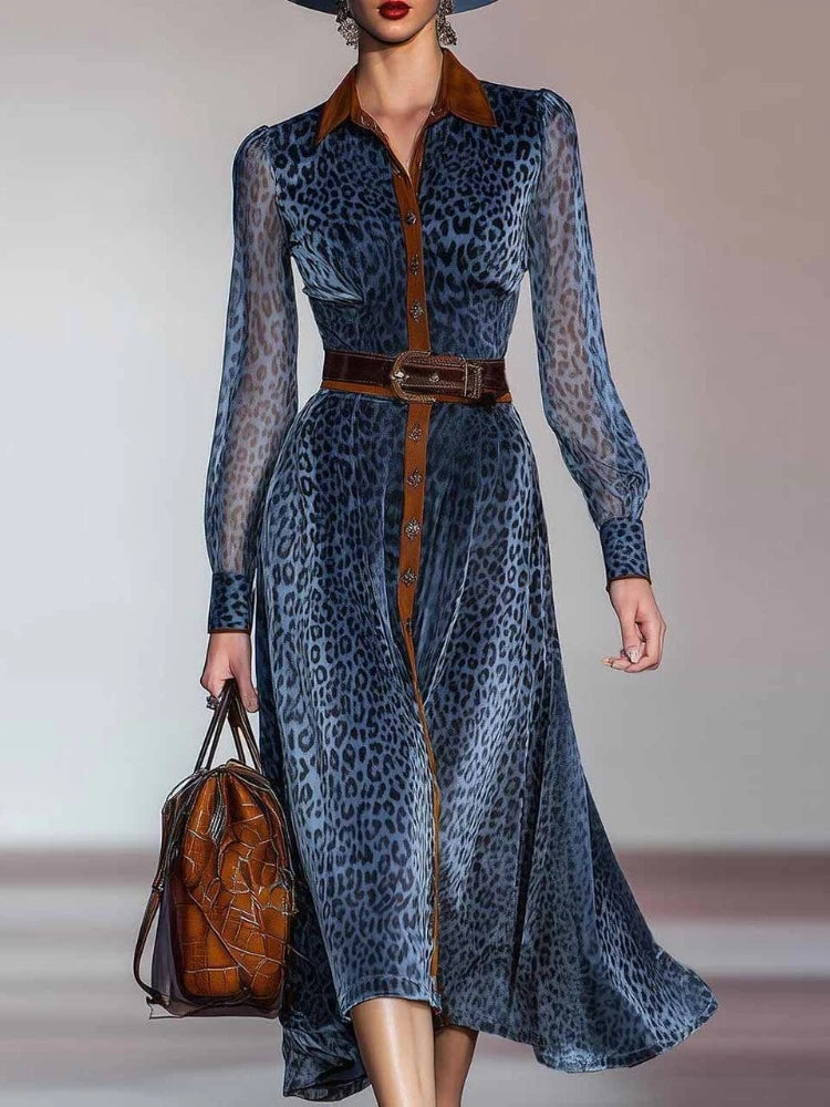 Woman Retro Turndown Collar Leopard Print Dress